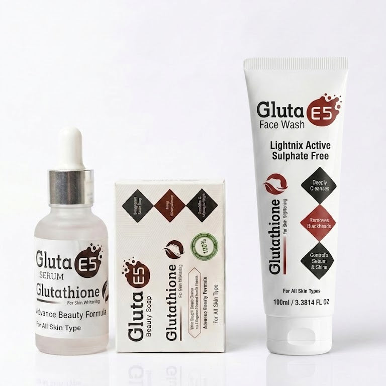 Gluta E5 Soap, Face Wash & Serum Bundle | Glutathione Skin Whitening & Brightening Set