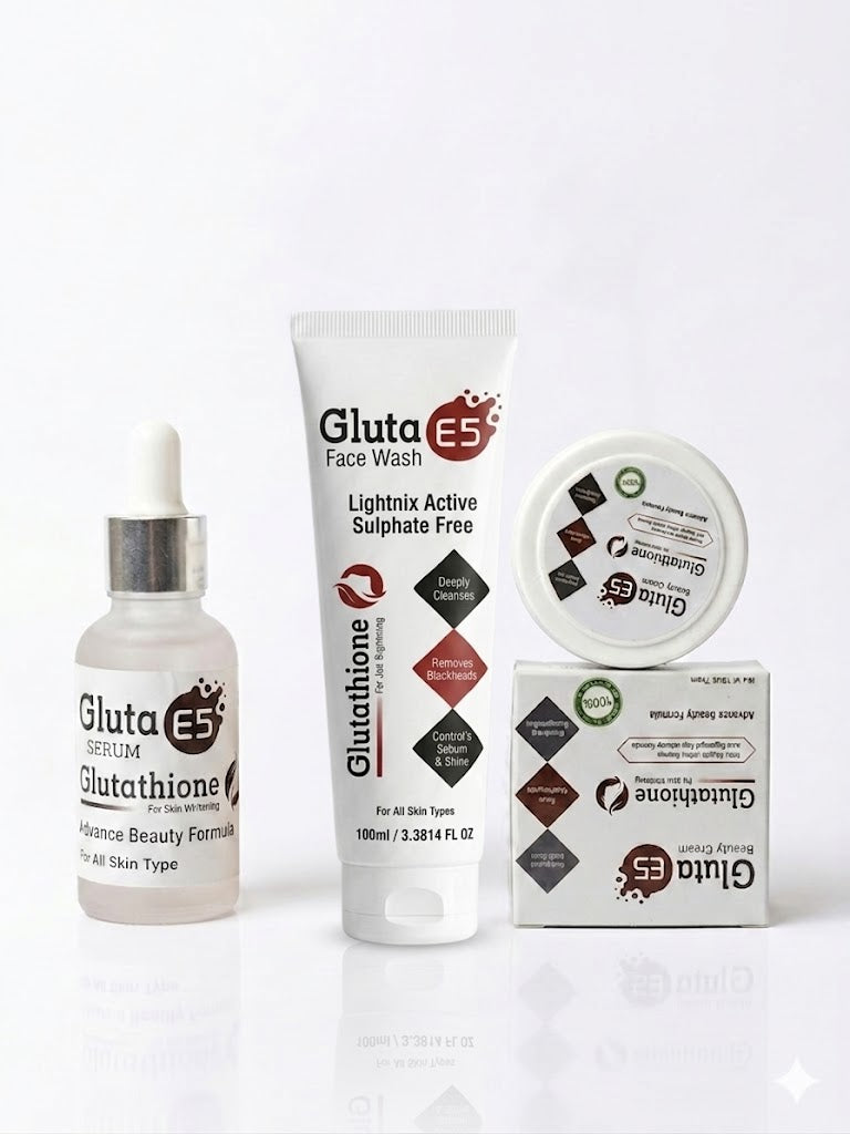 Gluta E5 Cream, Face Wash & Serum Bundle | Glutathione Skin Whitening & Brightening Set