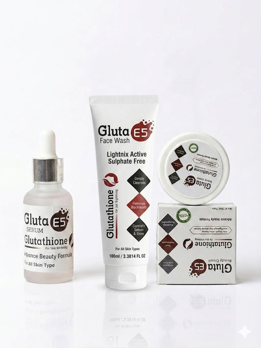 Gluta E5 Cream, Face Wash & Serum Bundle | Glutathione Skin Whitening & Brightening Set