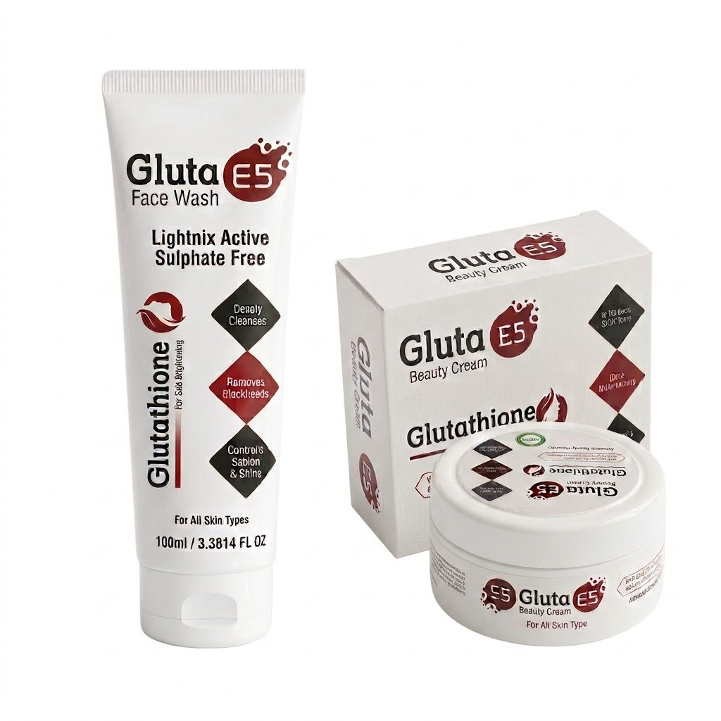 Gluta E5 Cream, Face Wash & Serum Bundle | Glutathione Skin Whitening & Brightening Set