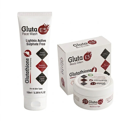 Gluta E5 Cream & Face Wash Bundle | Glutathione Skin Whitening & Brightening Set